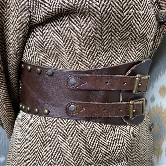 RRL * Distressed Brown Vachetta Leather Playing Card Brass Stud Kidney Belt - Picture 8 of 16